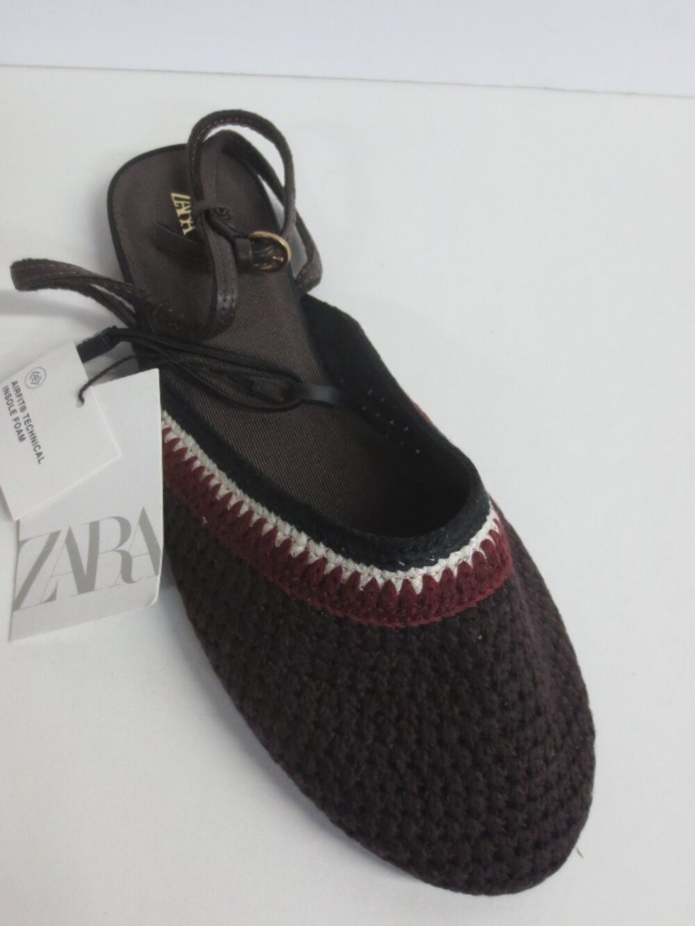 ZARA WOMEN'S CROCHET FLAT BROWN/BURGUNDY SANDALS - US 6.5